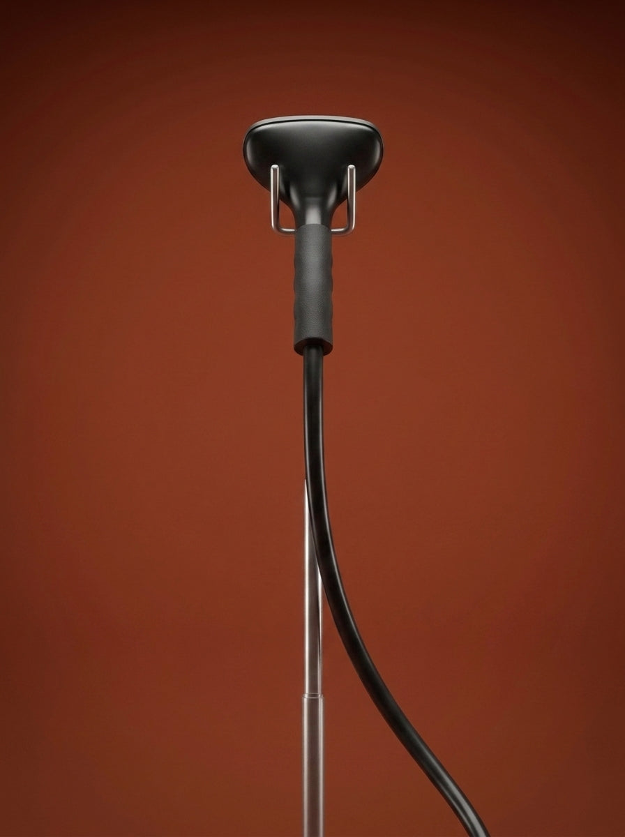 J-4000 Jiffy garment steamer with a black head, silver metal rod, light gray control base, and black cord, displayed on a round red pedestal against a warm rust-orange studio background - Sold by: Best Steamers