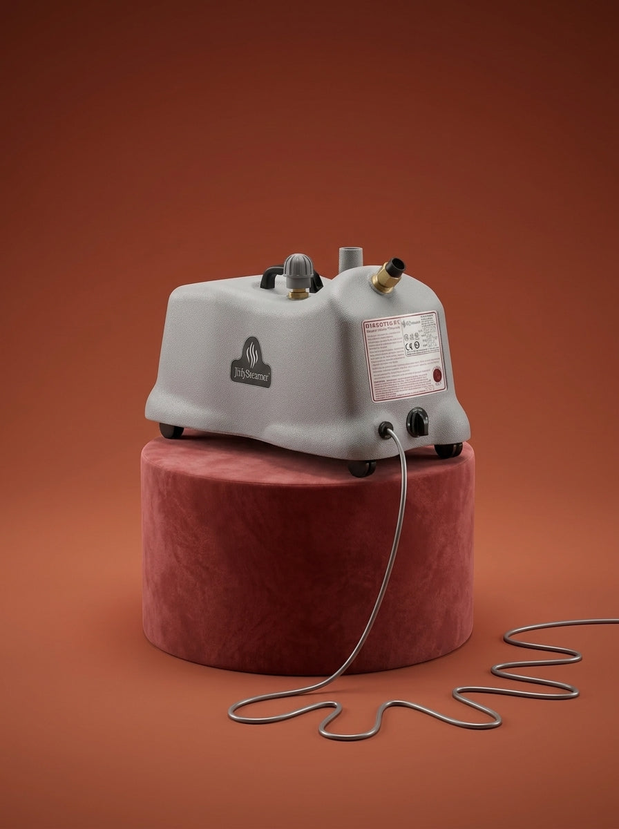J-4000 Jiffy garment steamer with a black head, silver metal rod, light gray control base, and black cord, displayed on a round red pedestal against a warm rust-orange studio background - Sold by: Best Steamers