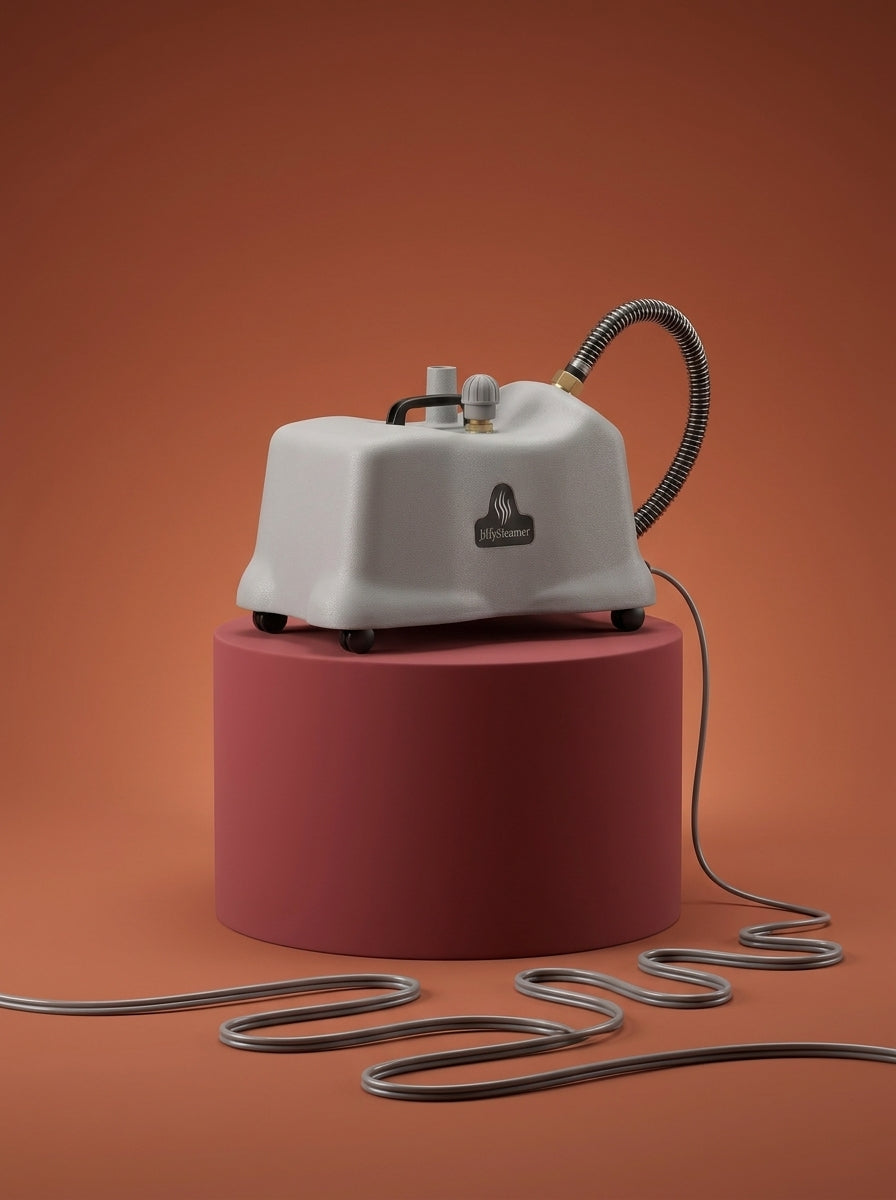 J-4000 Jiffy garment steamer with a black head, silver metal rod, light gray control base, and black cord, displayed on a round red pedestal against a warm rust-orange studio background - Sold by: Best Steamers