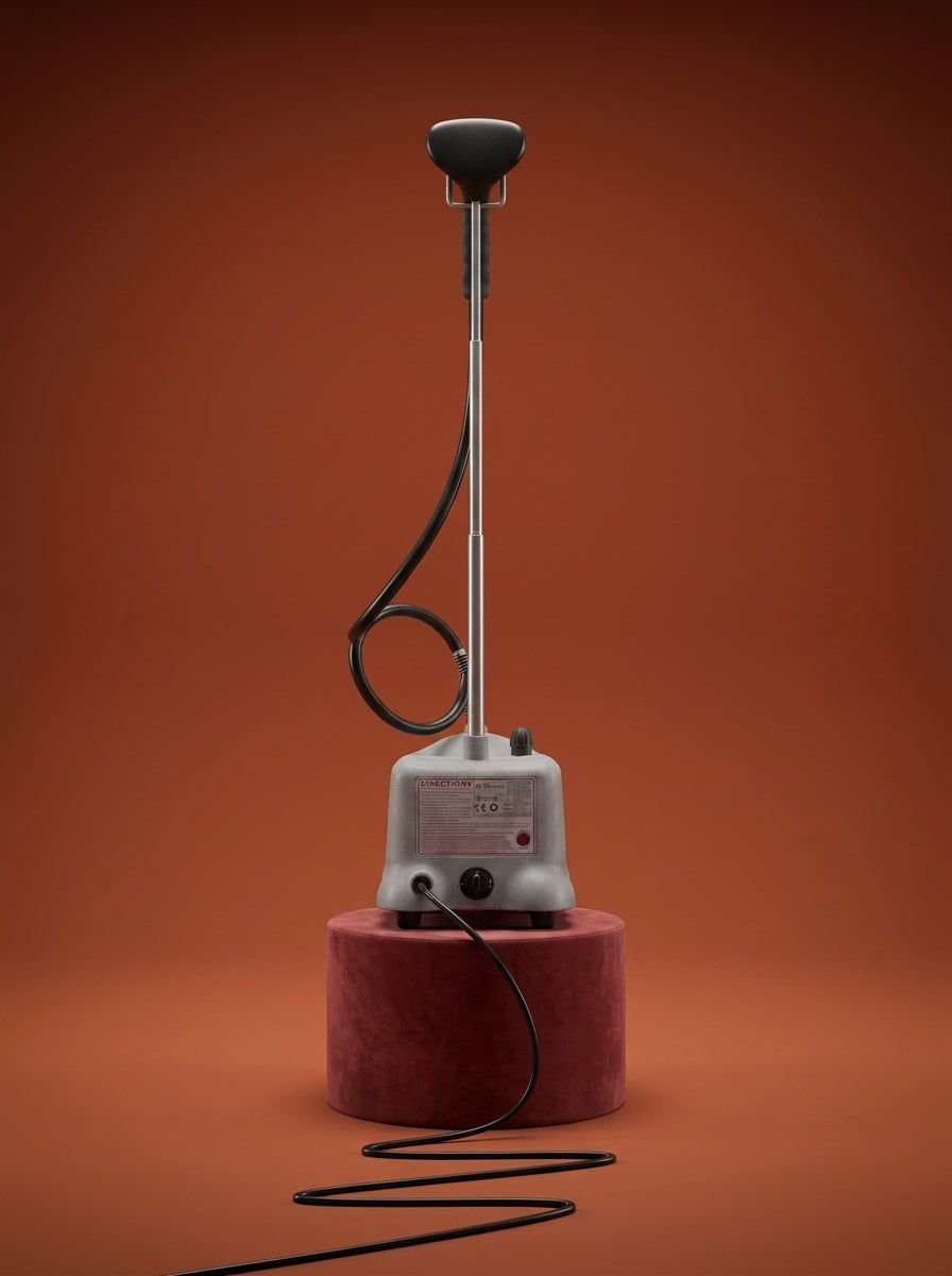 J-4000 Jiffy garment steamer with a black head, silver metal rod, light gray control base, and black cord, displayed on a round red pedestal against a warm rust-orange studio background - Sold by: Best Steamers